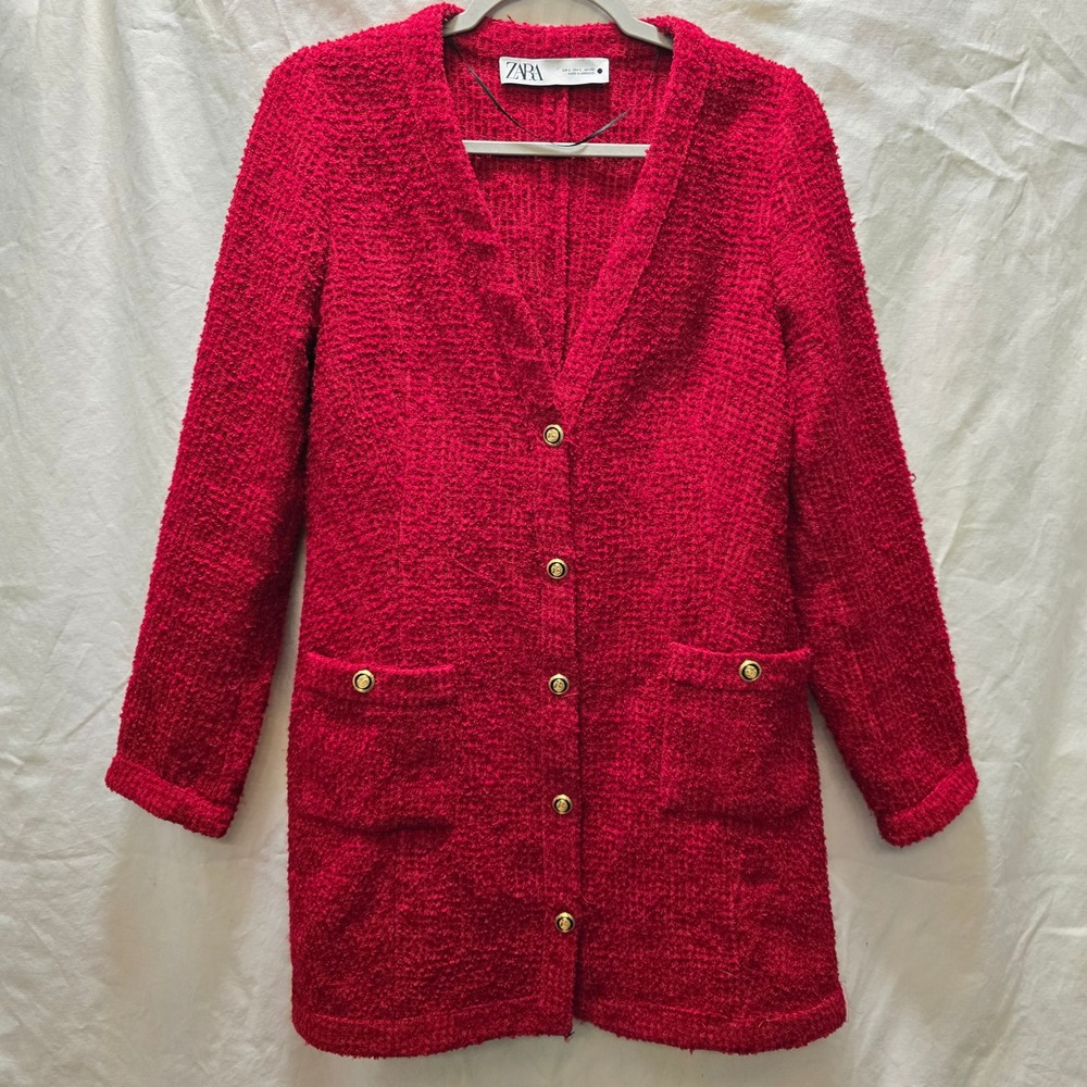 ZARA Textured‎ Weave Mini Dress Boucle Tweed Gold Button Blazer Women Large Chic